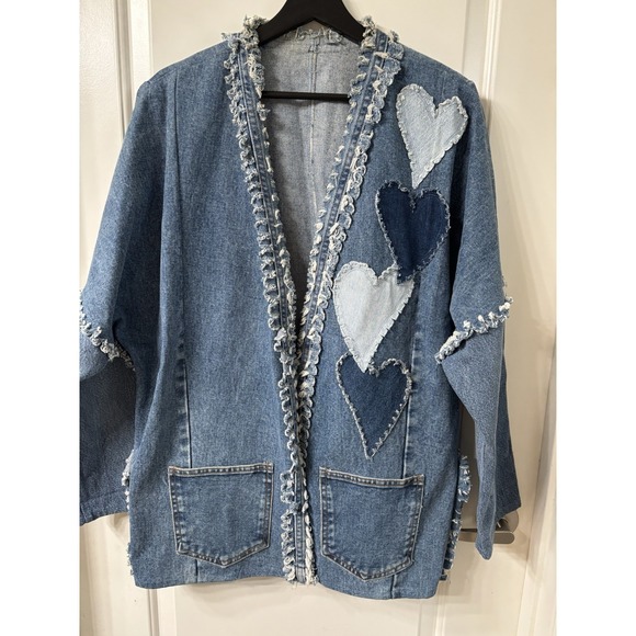 Handmade Jackets & Blazers - Vintage Boho Rag Denim Jean Jacket Frayed Fringe Heart Pockets Handmade Funky L